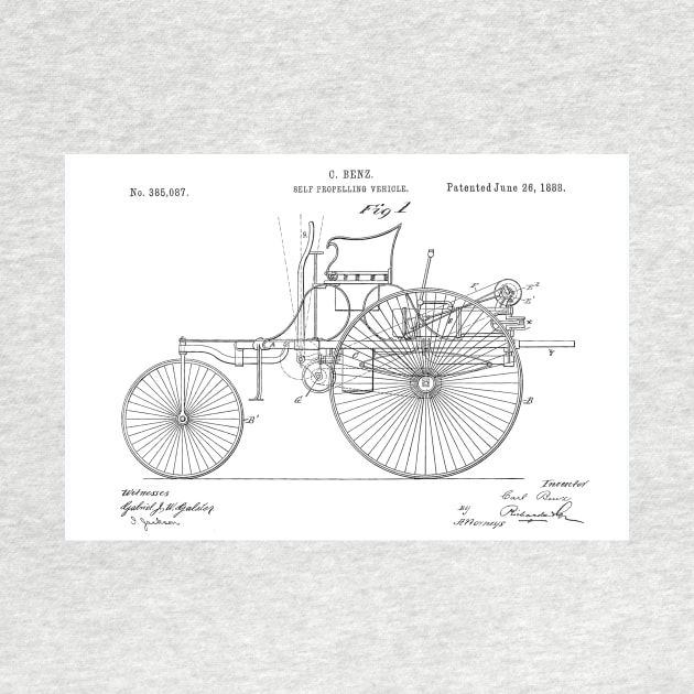 Benz 1888 self propelling vehicle, original patent drawing original white background by QualitySolution